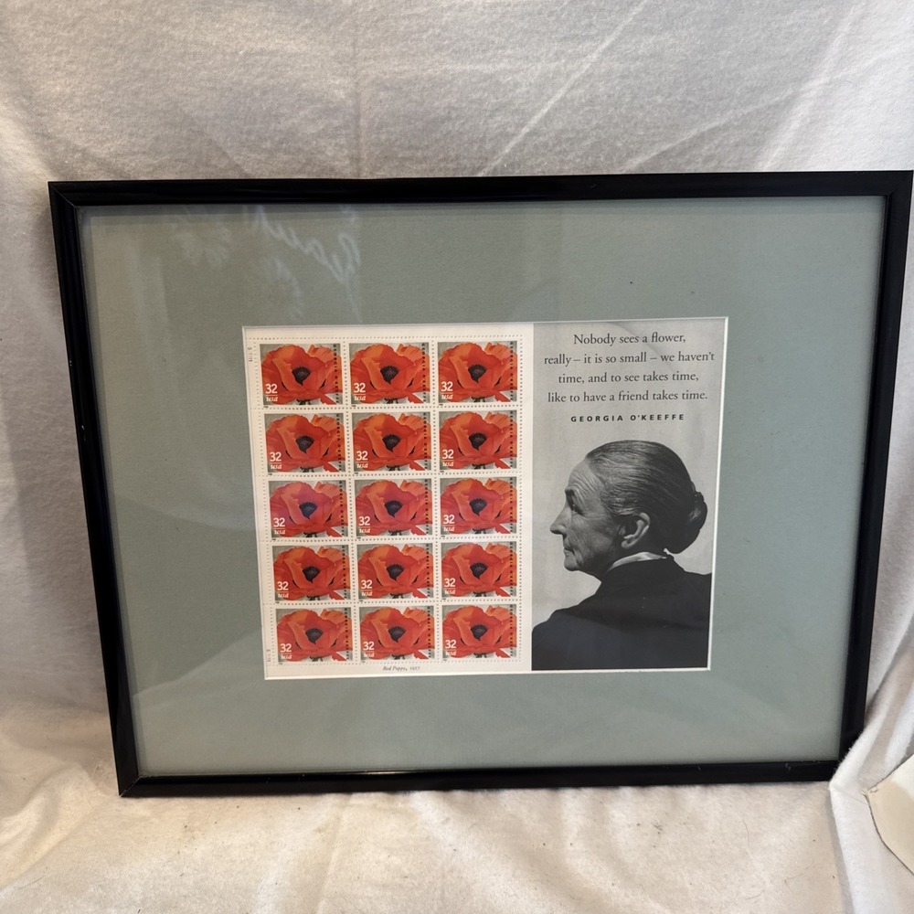 Picture Georgia O'Keeffe Red Poppy 1st Day Issue Stamps &‎ Friend Quote 14x11.5"
